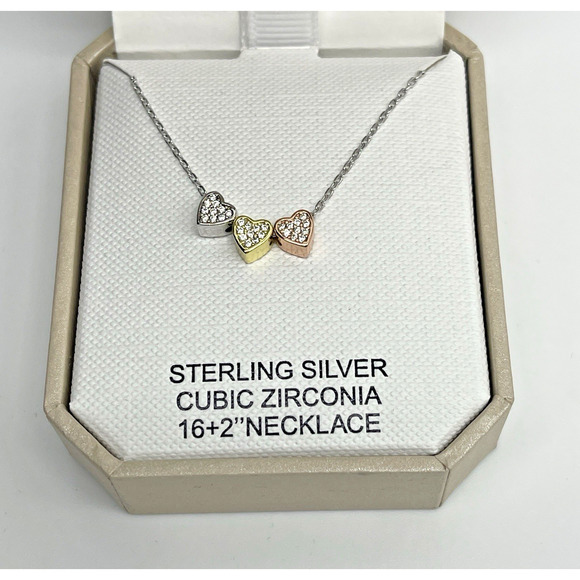 Rachel Zoe Sterling Silver 3 Hearts Tricolor 16" +2” Necklace NIB 925 - Picture 1 of 2